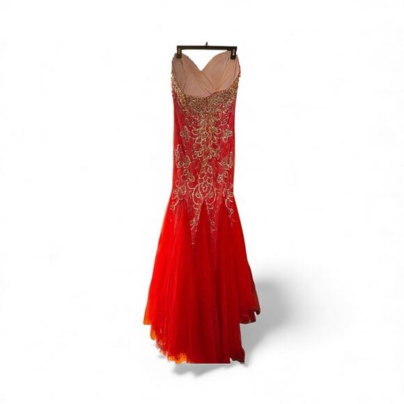 Mac Duggal Red and Gold Strapless Prom Dress - Picture 3 of 16